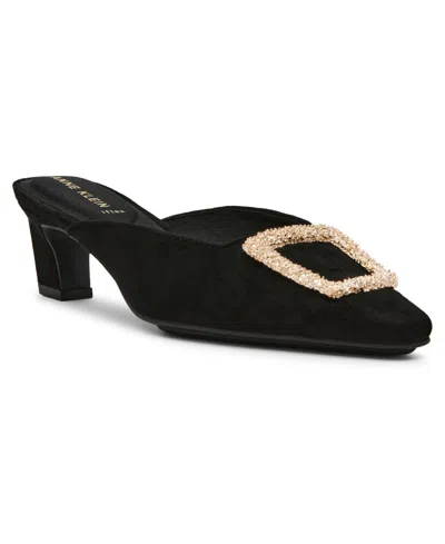 Anne Klein Women's Star Crystal Ornament Kitten Heel Mules In Black Suede
