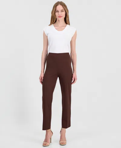 Anne Klein Women's Stretch Crepe Pull-on Hollywood Waist Straight Ankle Pants, Regular & Petite In Brown