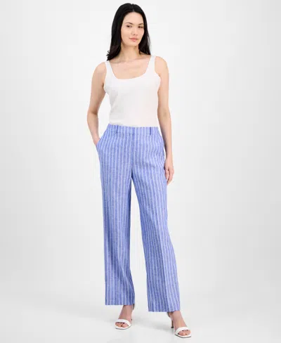 Anne Klein Women's Striped Creased Straight-leg Pants In Santorini Blue,bright White