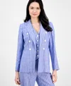Anne Klein Women's Striped Faux-double-breasted Blazer In Santorini Blue,bright White