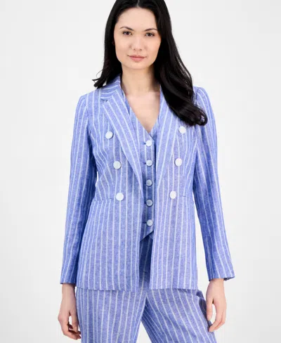 Anne Klein Women's Striped Faux-double-breasted Blazer In Santorini Blue,bright White