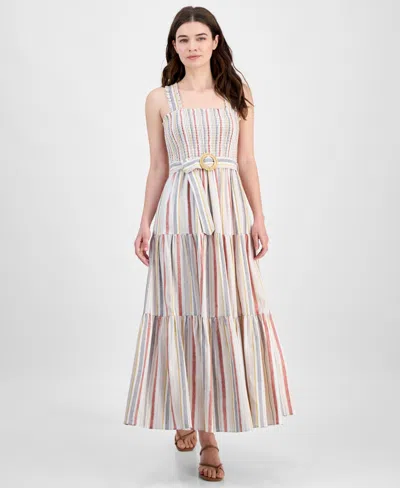 Anne Klein Women's Striped Smocked-bodice Tiered Dress