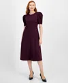 Anne Klein Puff Sleeve A-line Midi Dress In Deep Plum