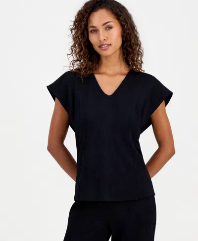 Anne Klein Women's Textured Flutter-sleeve Top In Black