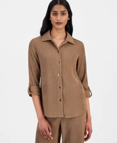 Anne Klein Women's Textured Roll-tab Shirt In Brown