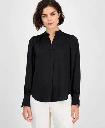 Anne Klein Women's Textured Split-neck Long-sleeve Top In Black