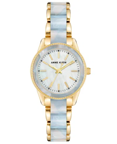 Anne Klein Women's Three Hand Quartz Gold-tone Alloy And Light Blue Marbled Acrylic Link Bracelet Watch, 30mm In Rose Gold-tone,light Blue