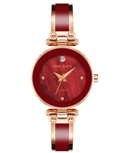 Anne Klein Women's Three Hand Quartz Rose Gold-tone Alloy And Burgundy Enamel Bangle Watch, 28mm In Rose Gold-tone,burgundy