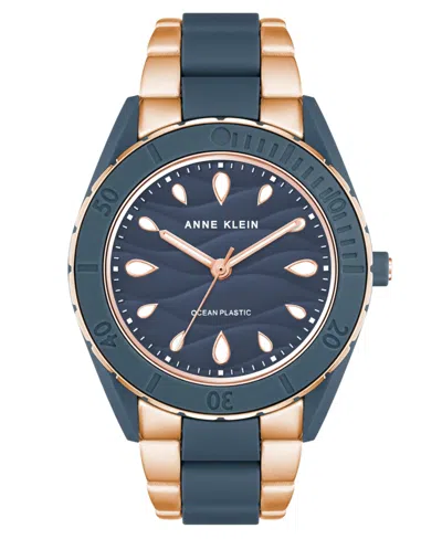 Anne Klein Women's Three-hand Quartz Rose Gold-tone And Blue Solar Oceanwork Plastic Bracelet Watch, 38.5mm In Rose Gold-tone,navy