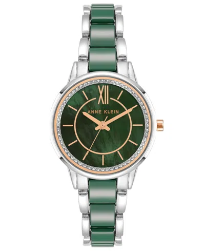 Anne Klein Women's Three-hand Quartz Silver-tone Alloy With Green Ceramic Bracelet Watch, 32mm In Silver-tone,green