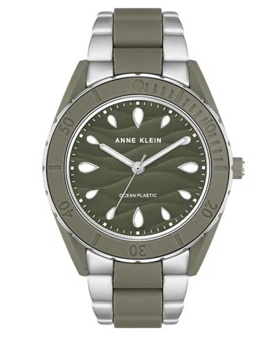 Anne Klein Women's Three-hand Quartz Silver-tone And Olive Green Solar Oceanwork Plastic Bracelet Watch, 38.5mm In Silver-tone,olive Green