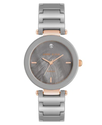 Anne Klein Women's Three-hand Quartz Taupe Ceramic Link Bracelet Watch, 33mm In Rose Gold-tone,taupe
