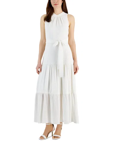 Anne Klein Women's Tie-neck Tiered Sleeveless Maxi Dress In Bright Whi