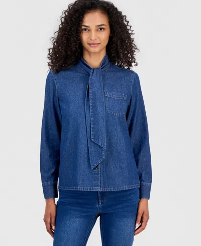 Anne Klein Button Down Chambray Shirt In Blue