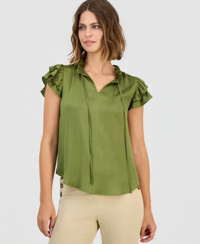 Anne Klein Women's Tie-neck Ruffle-sleeve Blouse In Green