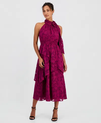 Anne Klein Floral Jacquard Asymmetric Tiered Midi Dress In Purple