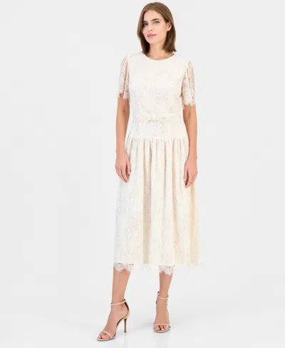 Anne Klein Women's Tiered Short-sleeve Lace Midi Dress In Neutral