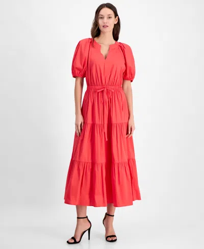ANNE KLEIN WOMEN'S TIERED TIE-WAIST PUFFED-SLEEVE DRESS