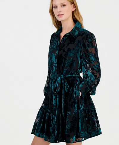 Anne Klein Women's Tiered Velvet-burnout Floral Shirt Dress In Green