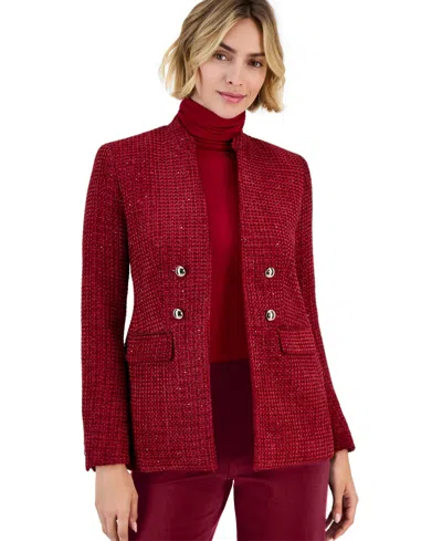 Anne Klein Women's Tweed Double-breasted Notched-collar Jacket In Red