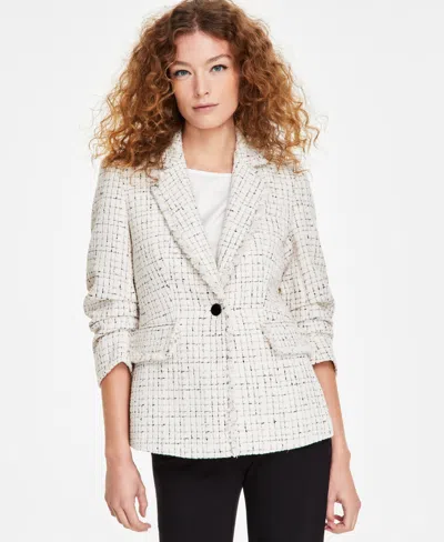 Anne Klein Women's Tweed Fringe Scrunch-sleeve Blazer In Anne White,anne Black