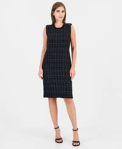 Anne Klein Women's Tweed Texture Stitch Crewneck Sleeveless Dress In Blue