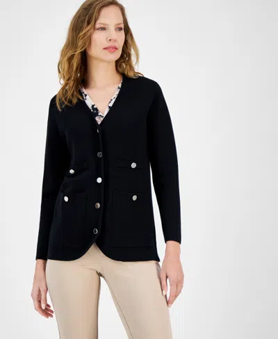 Anne Klein Women's V-neck Button-front Long-sleeve Cardigan In Anne Black