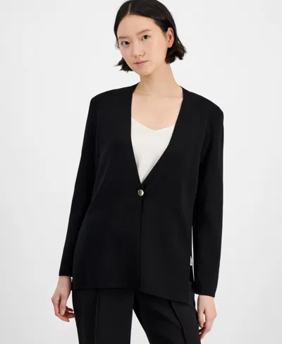 Anne Klein Women's V-neck One-button Cardigan Sweater In Anne Black