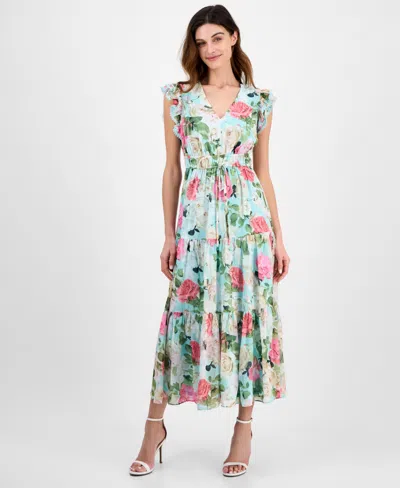 ANNE KLEIN WOMEN'S V-NECK RUFFLE-TRIM DRAWSTRING MIDI DRESS