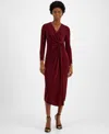 Anne Klein O-ring Long Sleeve Wrap Midi Dress In Syrah Red