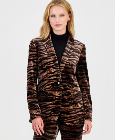 Anne Klein Women's Velvet Animal-print Blazer In Multi