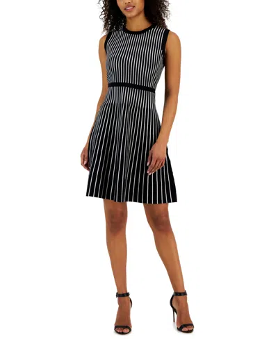 Anne Klein Women's Vertical Stripe Fit & Flare Sleeveless Dress In Black