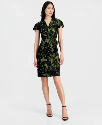 Anne Klein Women's V-neck Flutter-sleeve Sheath Wrap Dress In Green