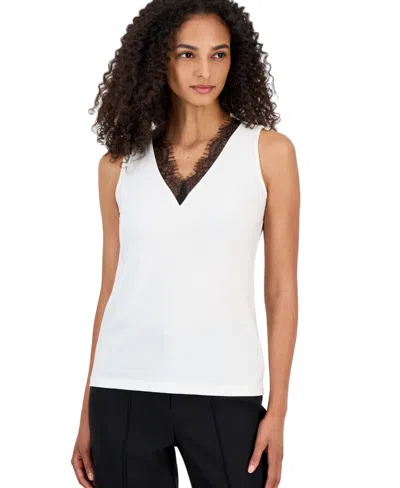Anne Klein Women's V-neck Lace Trim Tank In White