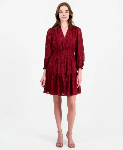 Anne Klein Women's V-neck Long-sleeve Tiered Ruffle Dress In Red