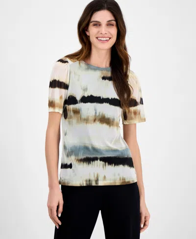 Anne Klein Women's Watercolor-print Elbow-sleeve Top In Anne Black Multi