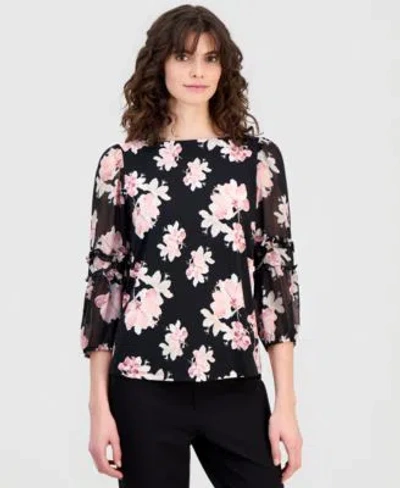 Anne Klein Womens 3 4 Sleeve Floral Print Ruffle Sleeve Top In Black