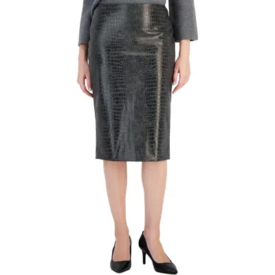 Anne Klein Womens Animal Print Faux Leather Pencil Skirt In Night Fall