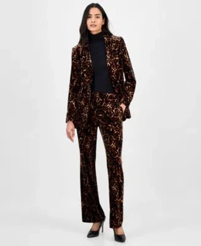 Anne Klein Womens Animal Print One Button Blazer Long Sleeve Turtleneck Animal Print Velvet Pants In Multi