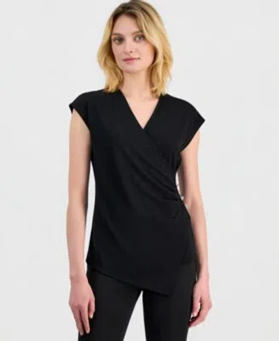 Anne Klein Womens Cap Sleeve Faux Wrap Top In Black