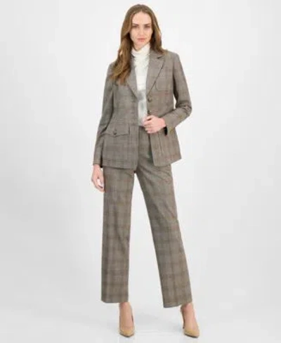 Anne Klein Womens Check Print Peak Lapel Three Pocket Jacket Long Sleeve Turtleneck Plaid Mid Rise Wide Leg Pan In Brown