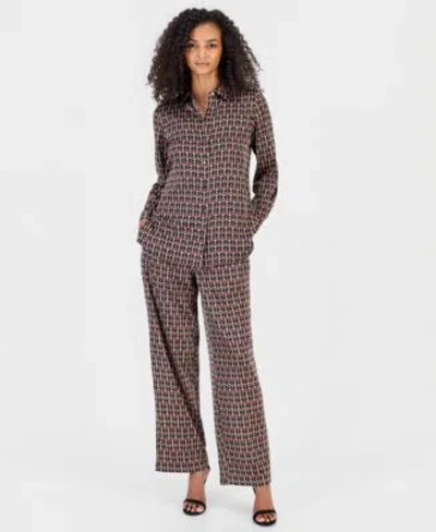 Anne Klein Womens Collared Button Front Blouse High Rise Pull On Wide Leg Pants In Brown