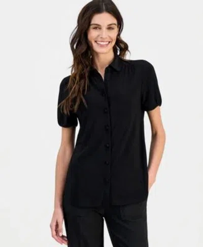 Anne Klein Womens Collared Button Front Short Sleeve Top In Black