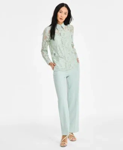 Anne Klein Womens Collared Lace Button Front Shirt Liberty Stretch High Rise Wide Leg Pull On Pants In Soft Aloe