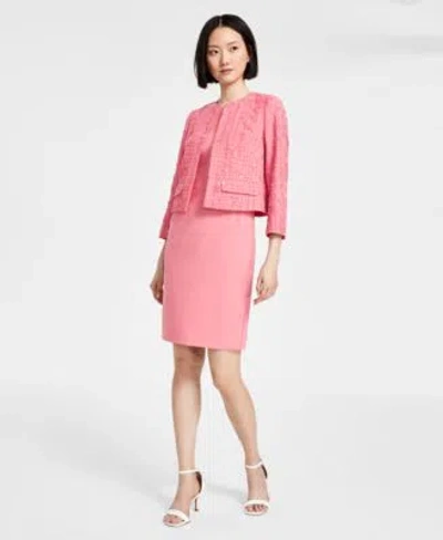 Anne Klein Womens Collarless Open Front Tweed Jacket Sheath Dress In Pink Dahlia Multi