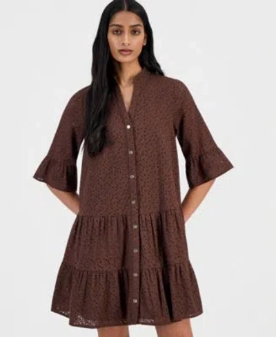 Anne Klein Womens Cotton Eyelet Tiered Swing Shirtdress In Animal Print