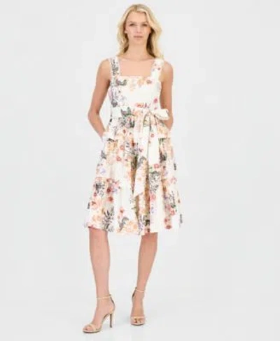 Anne Klein Womens Cotton Floral Tiered Fit Flare Dress In Multi