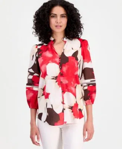 Anne Klein Womens Cotton Ruffled Neck 3 4 Sleeve Blouse In Multi