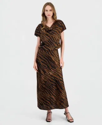 Anne Klein Womens Cowl Neck Animal Print Blouse A Line Midi Skirt In Brown