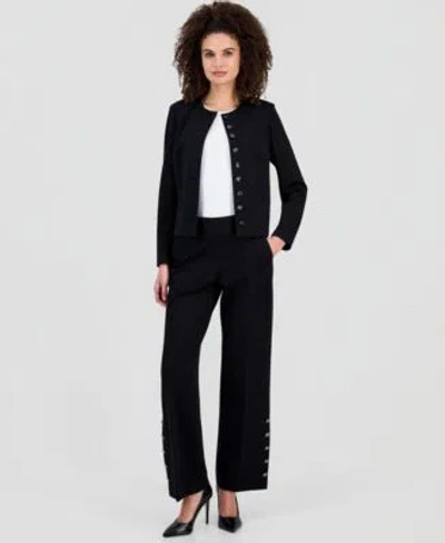 Anne Klein Womens Crewneck Button Front Blazer Wide Leg Pants In Blue